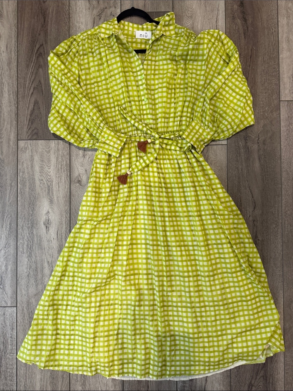 NIU Green Cottagecore Gingham Flowy Long Sleeve Dress